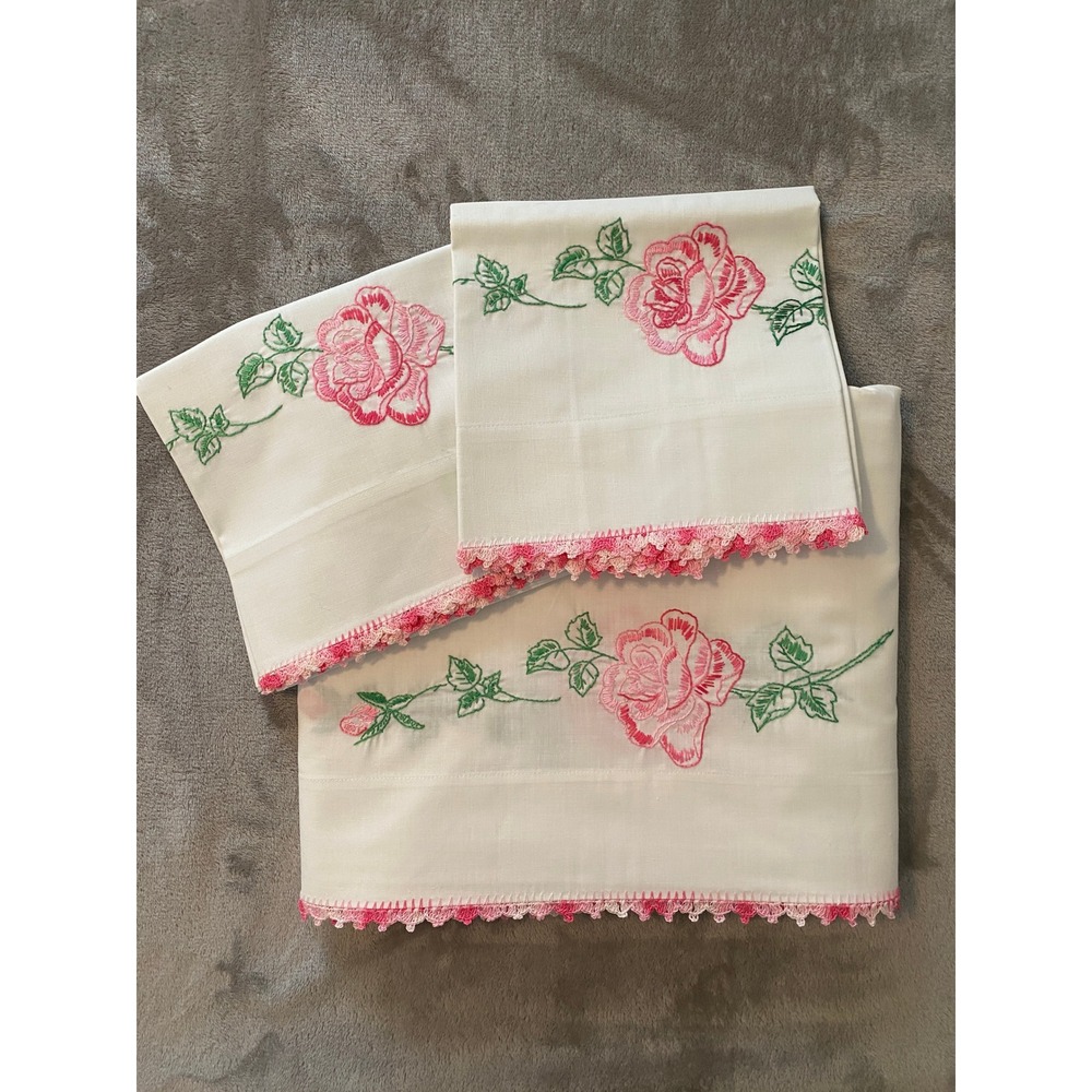 First Lady Sheet Set Full White Pink Rose Embroidered Crochet Trim VTG Muslin